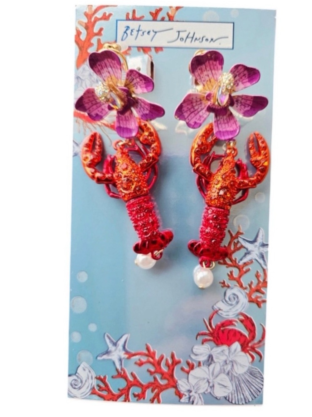 Betsey Johnson sea life mermaid orchid earrings red pink pearl jewelry